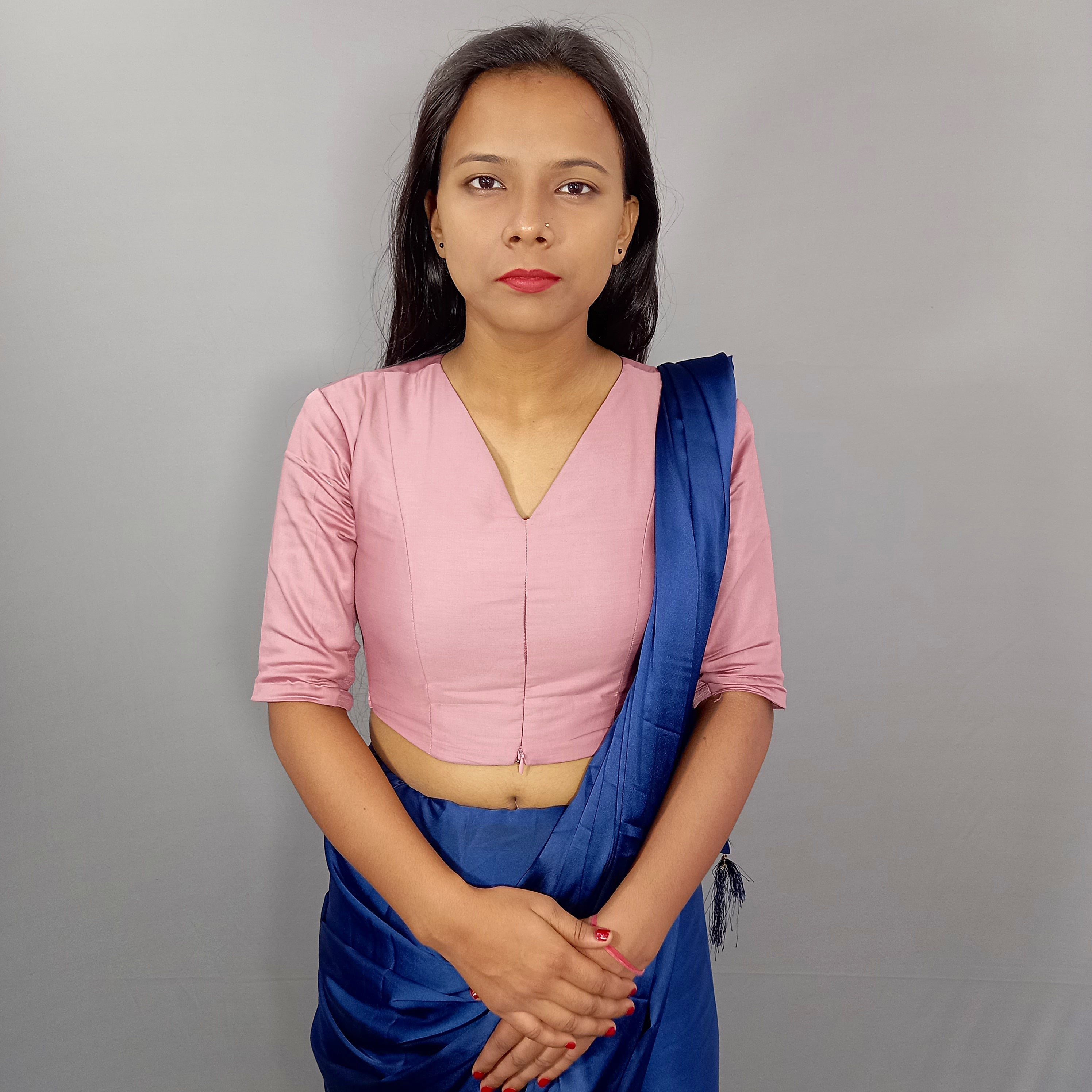 Elbow Sleeves Cotton Saree Blouse in Solid Casual Pink