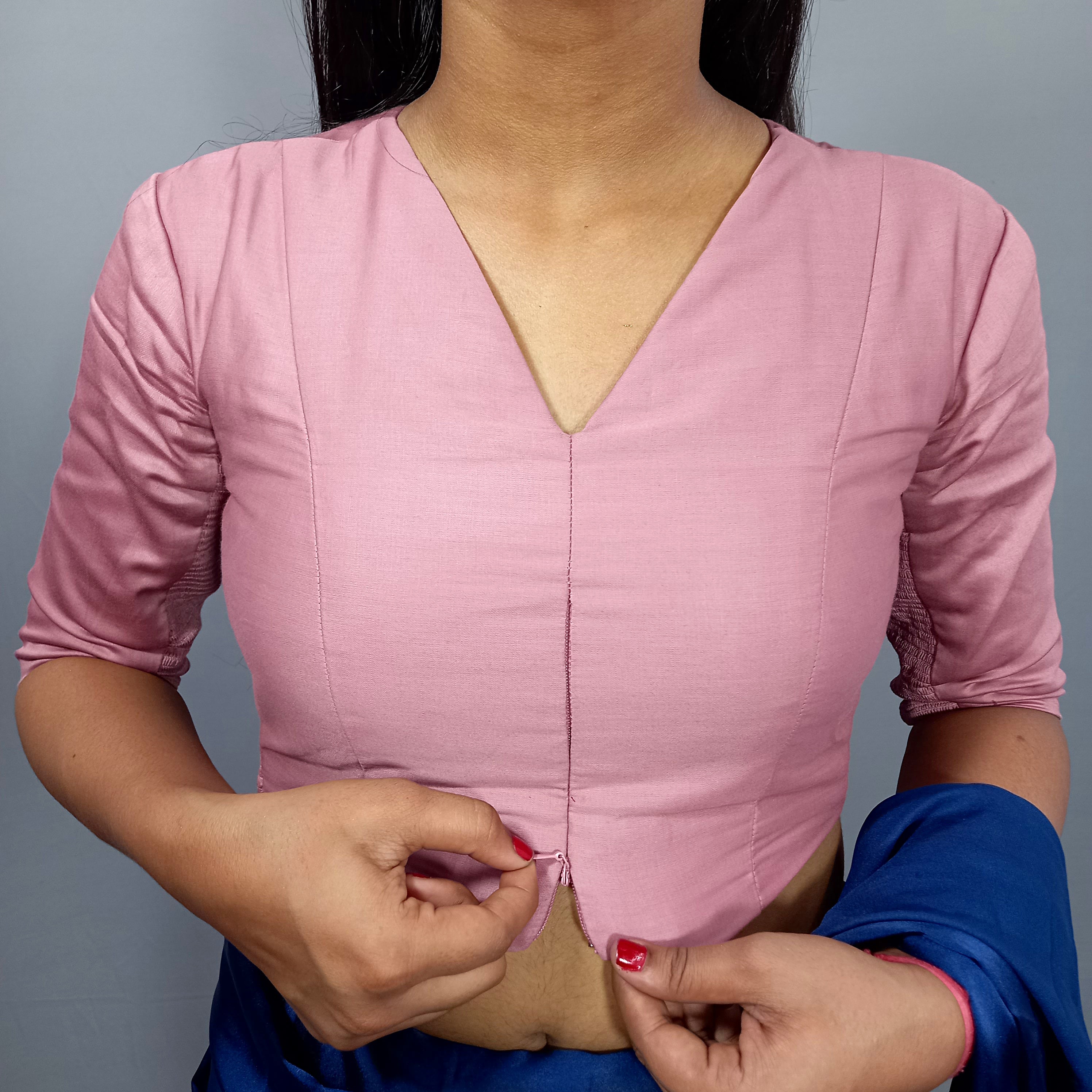 Elbow Sleeves Cotton Saree Blouse in Solid Casual Pink