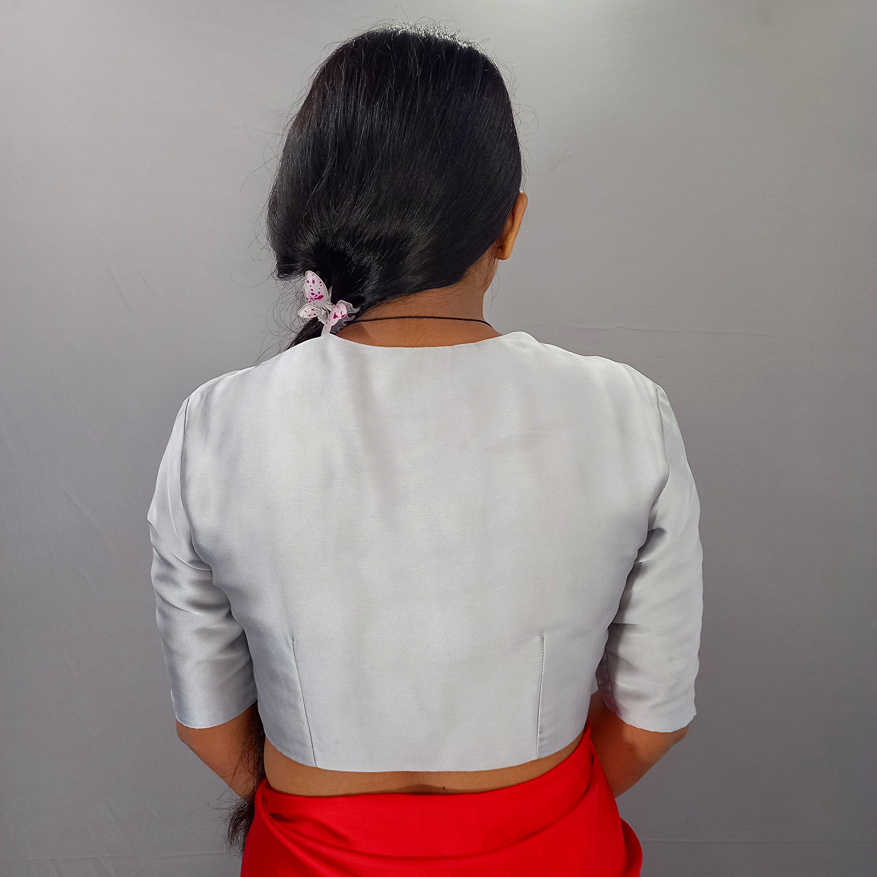 Elbow Sleeves Gold Sequined Saree Blouse with V-Neck