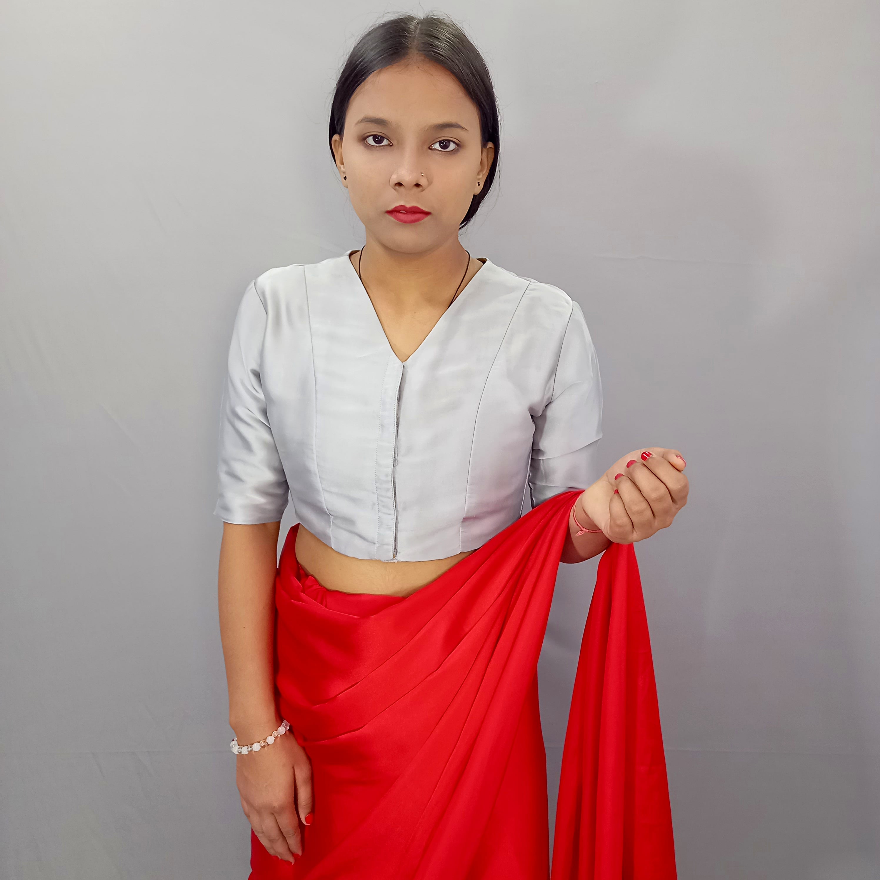 Elbow Sleeves Gold Sequined Saree Blouse with V-Neck