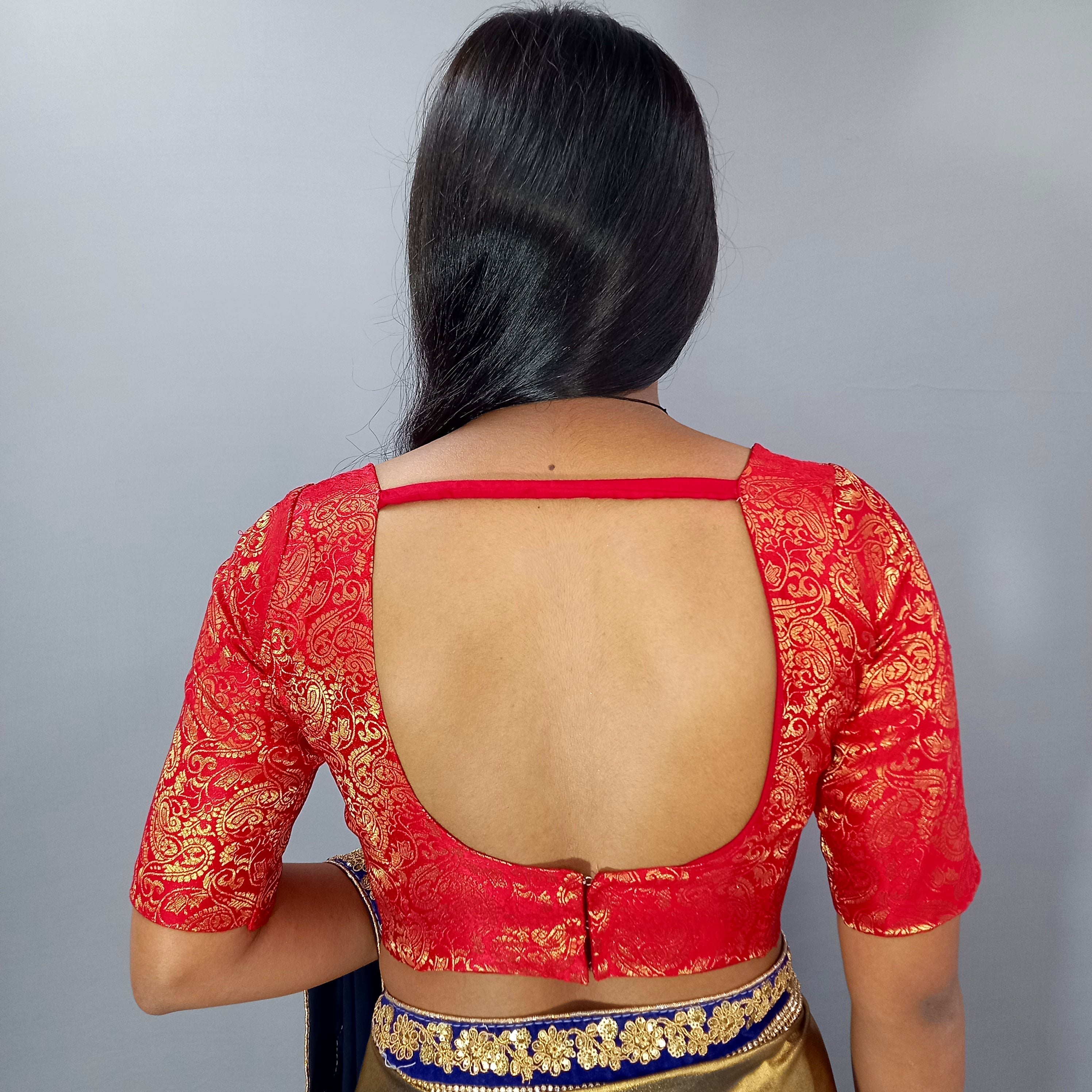Elbow Sleeves Saree Blouse in Berry Red Vine Mesh Brocade