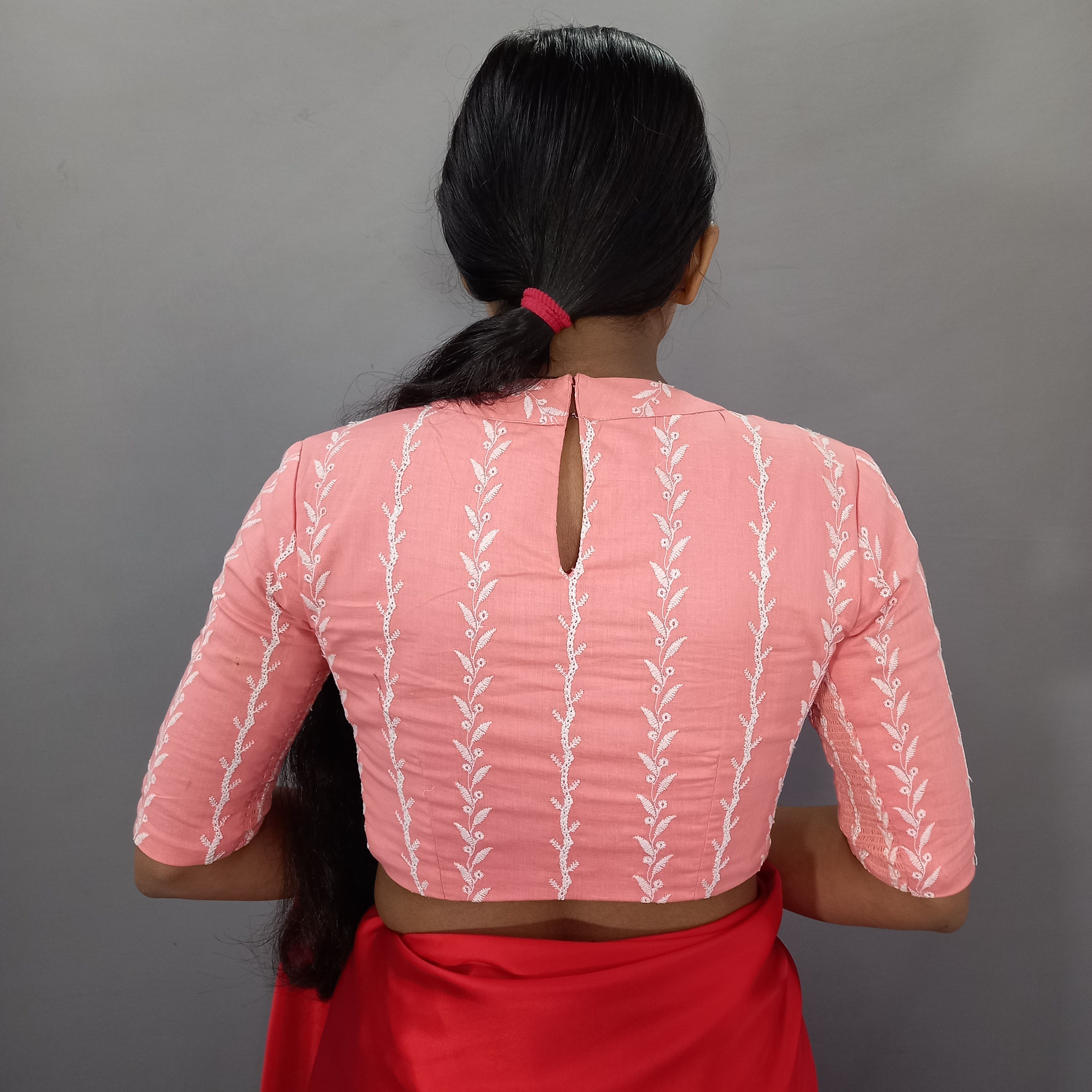 Maharani Cotton Saree Blouse with Floral Embroidery in Pink