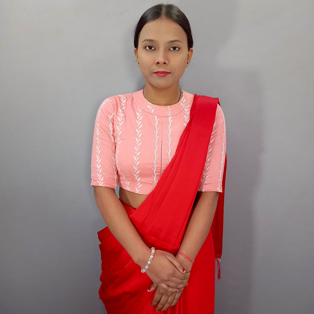 Maharani Cotton Saree Blouse with Floral Embroidery in Pink