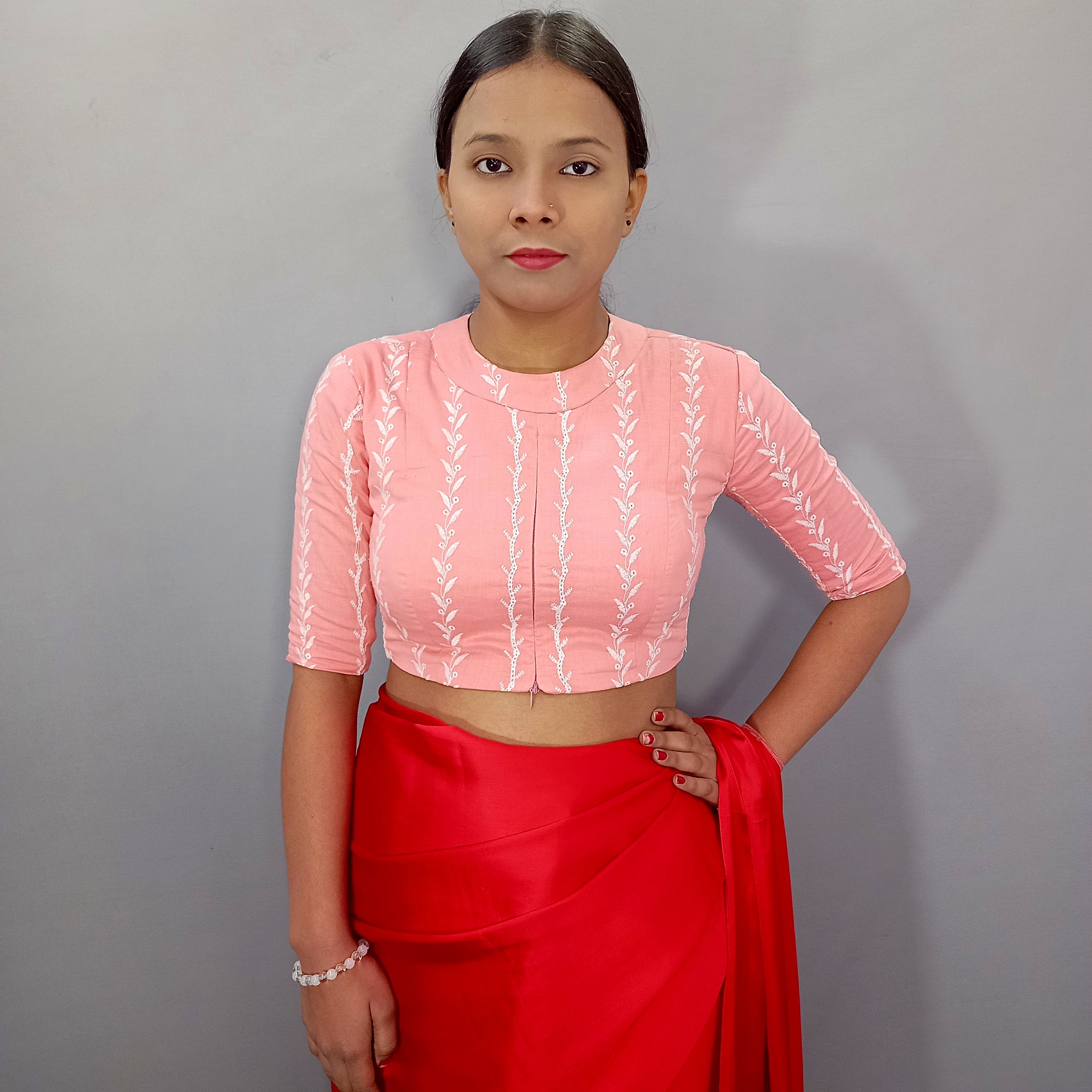 Maharani Cotton Saree Blouse with Floral Embroidery in Pink