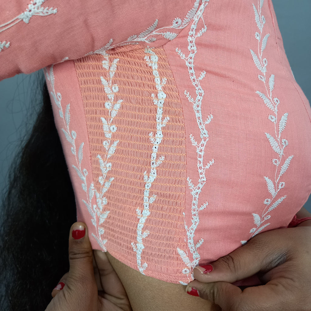 Maharani Cotton Saree Blouse with Floral Embroidery in Pink