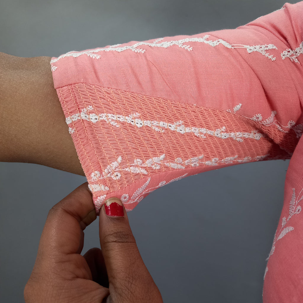 Maharani Cotton Saree Blouse with Floral Embroidery in Pink