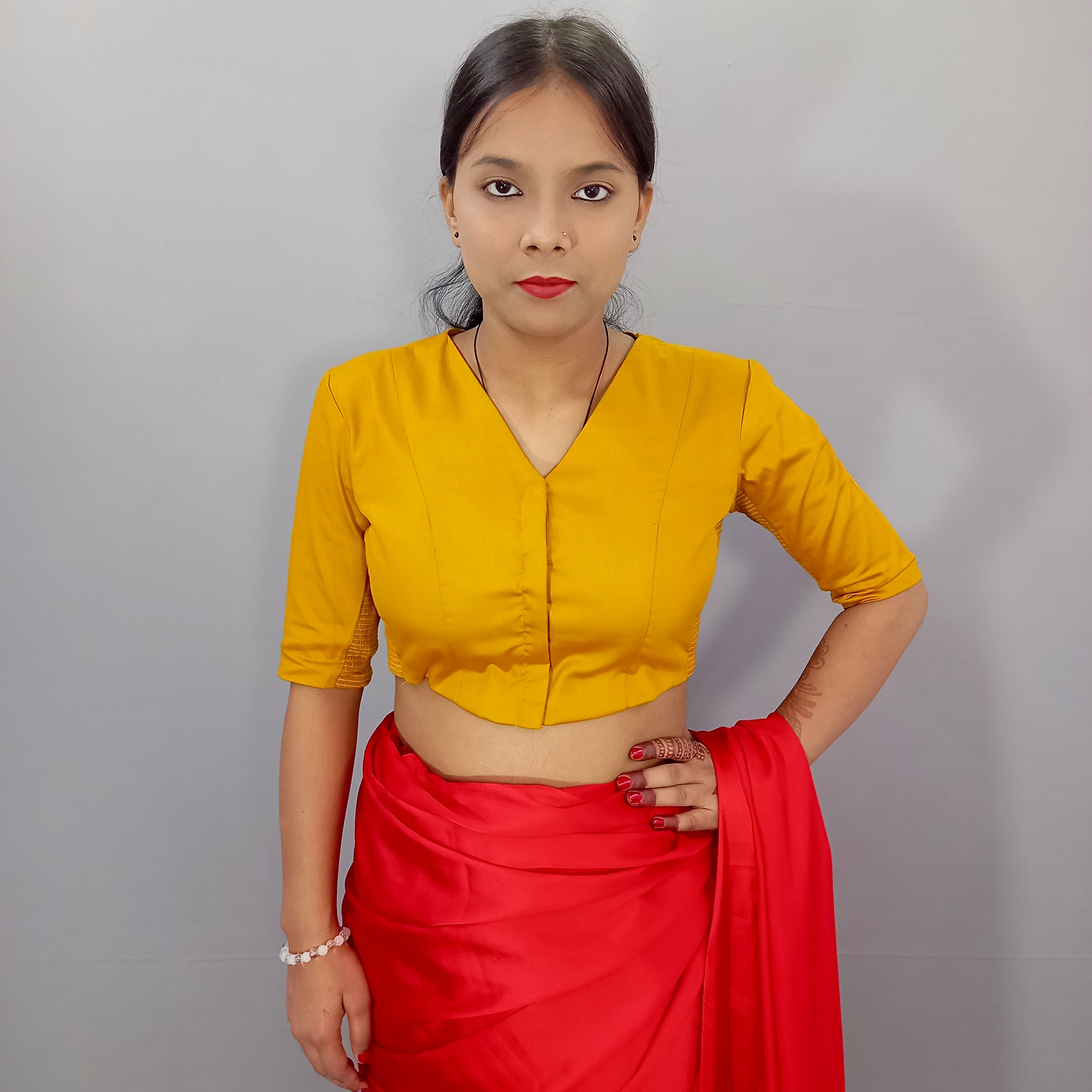 Malika Elbow Sleeves Cotton Saree Blouse in Mustard