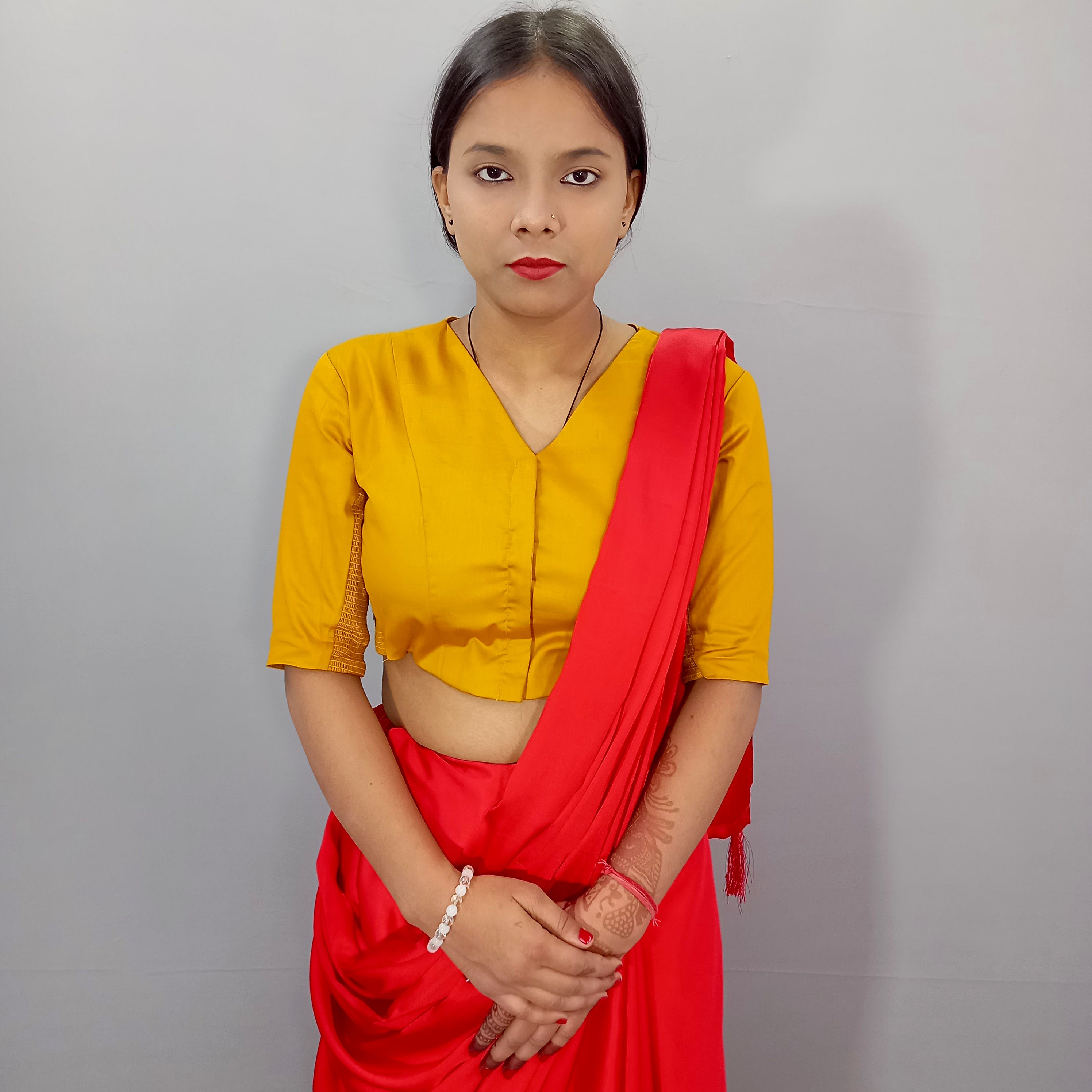 Malika Elbow Sleeves Cotton Saree Blouse in Mustard