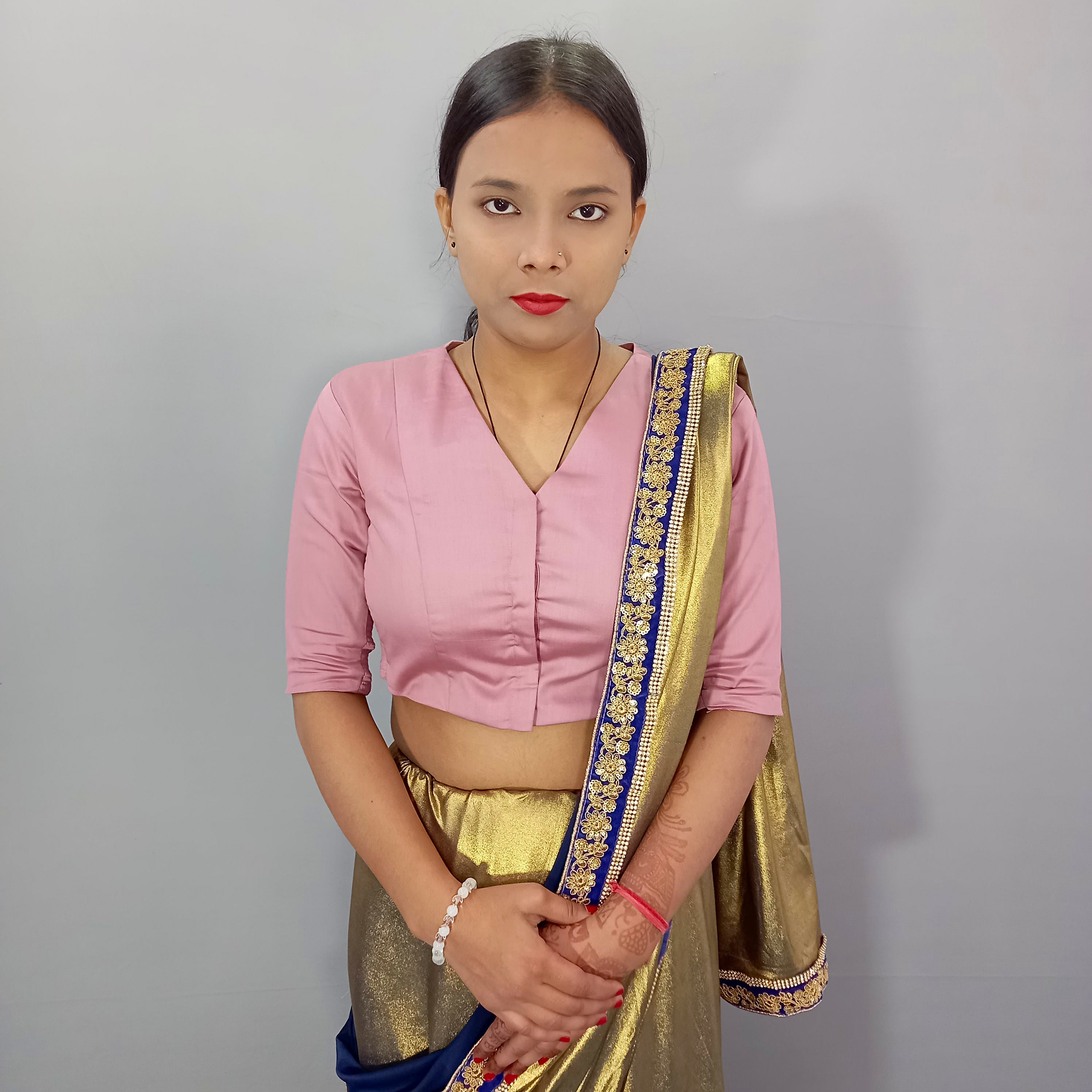 V Neck Casual Solid Pink Cotton Saree Blouse