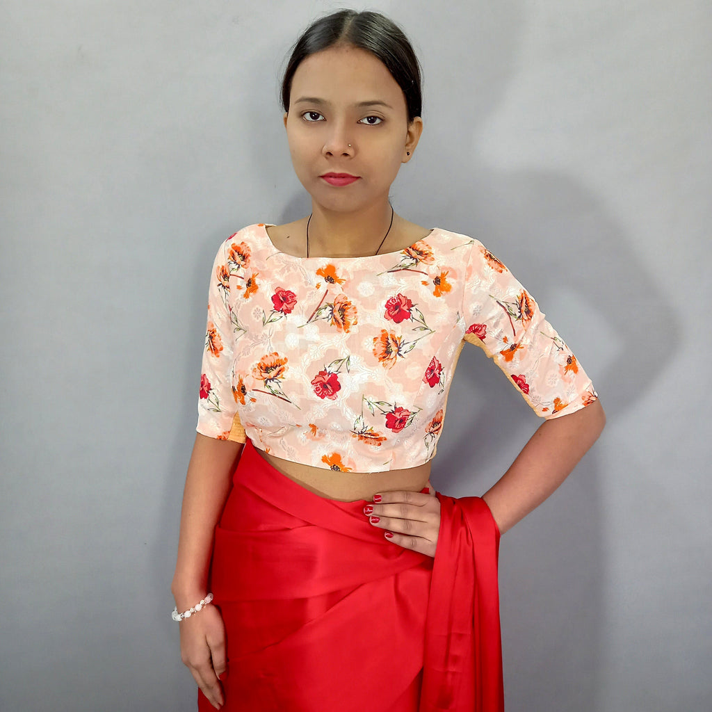 Cotton Saree Blouse in Cream with Floral Print