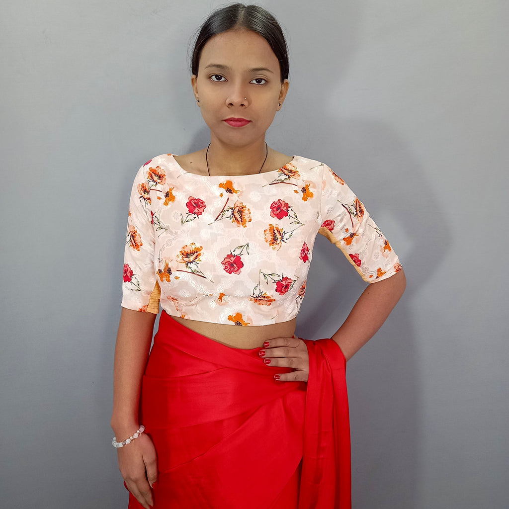 Cotton Saree Blouse in Cream with Floral Print
