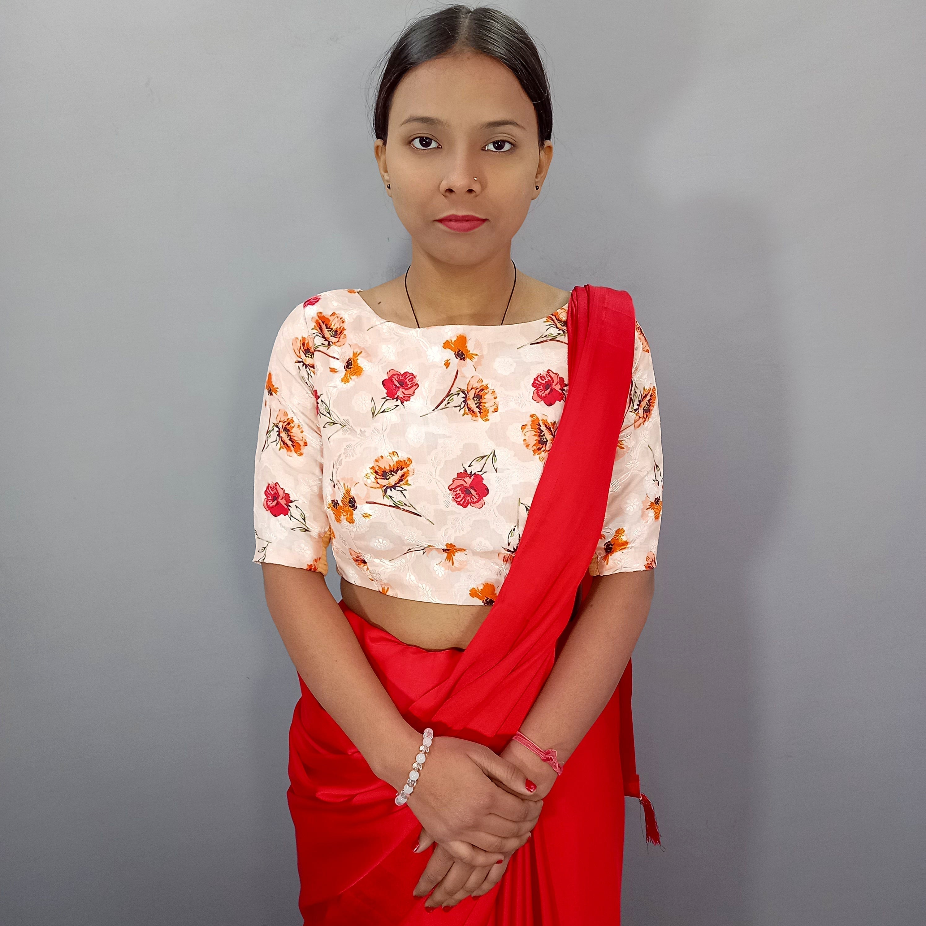 Cotton Saree Blouse in Cream with Floral Print