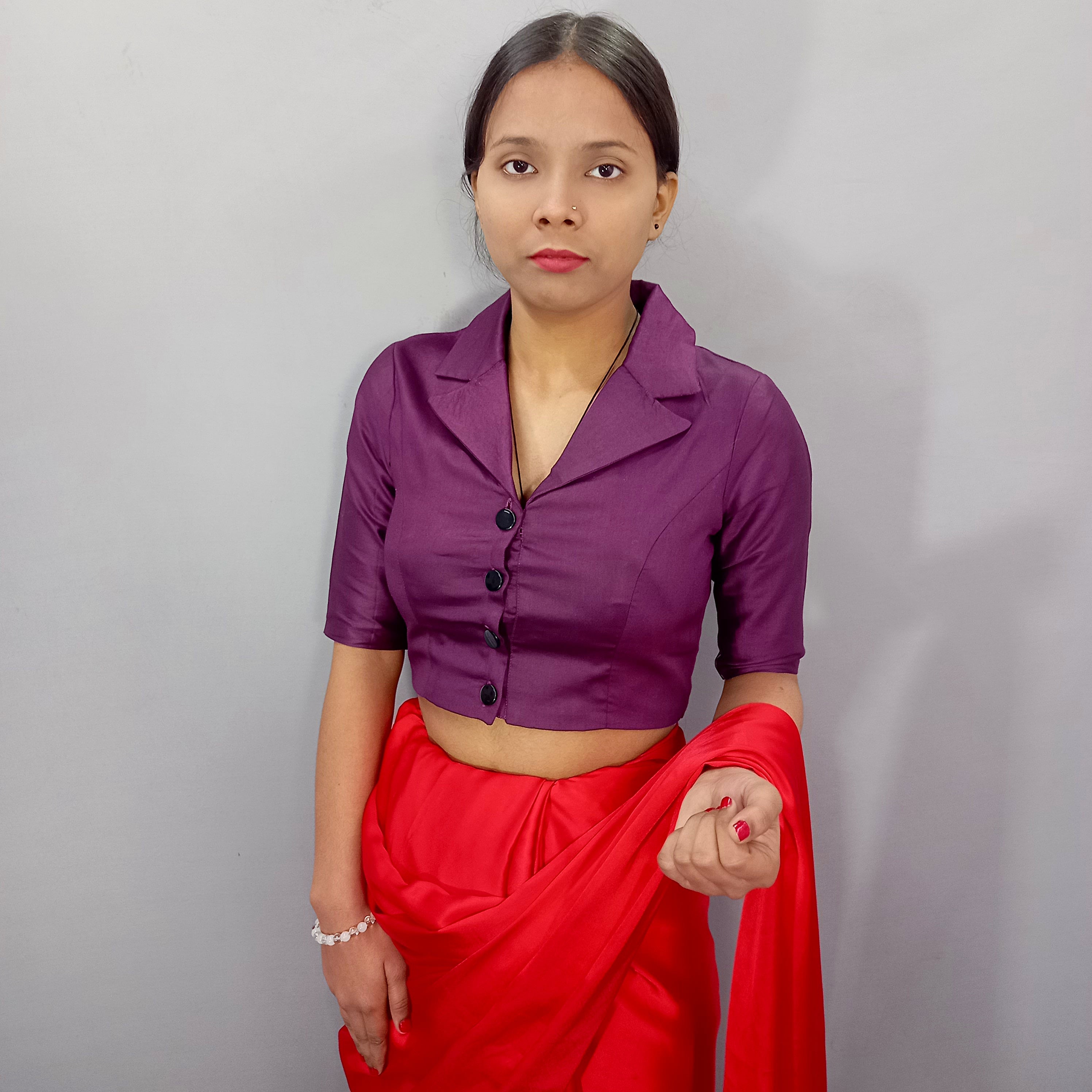 Regular Sleeves Cotton Saree Blouse in Wine