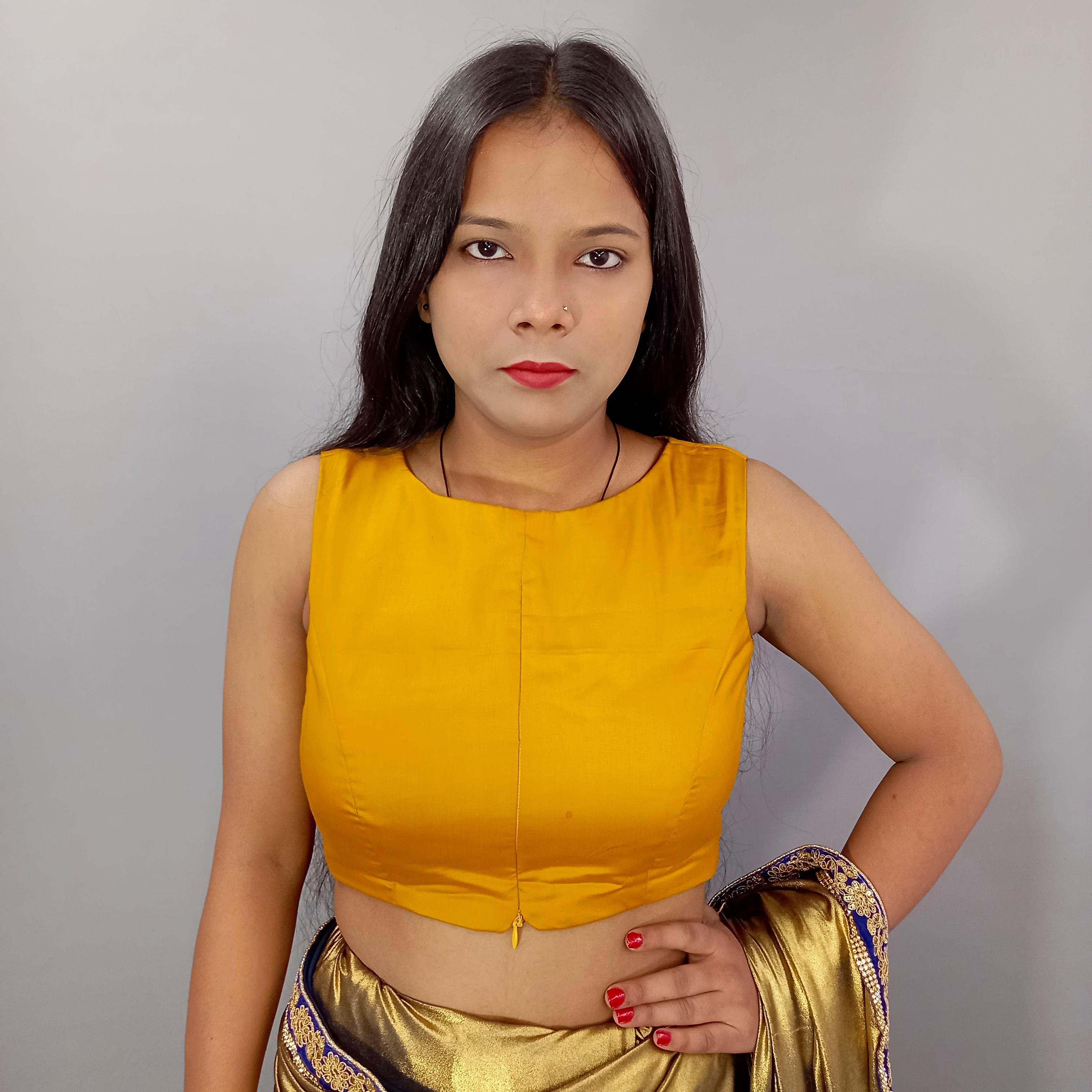 Sleeveless Cotton Saree Blouse in Mustard