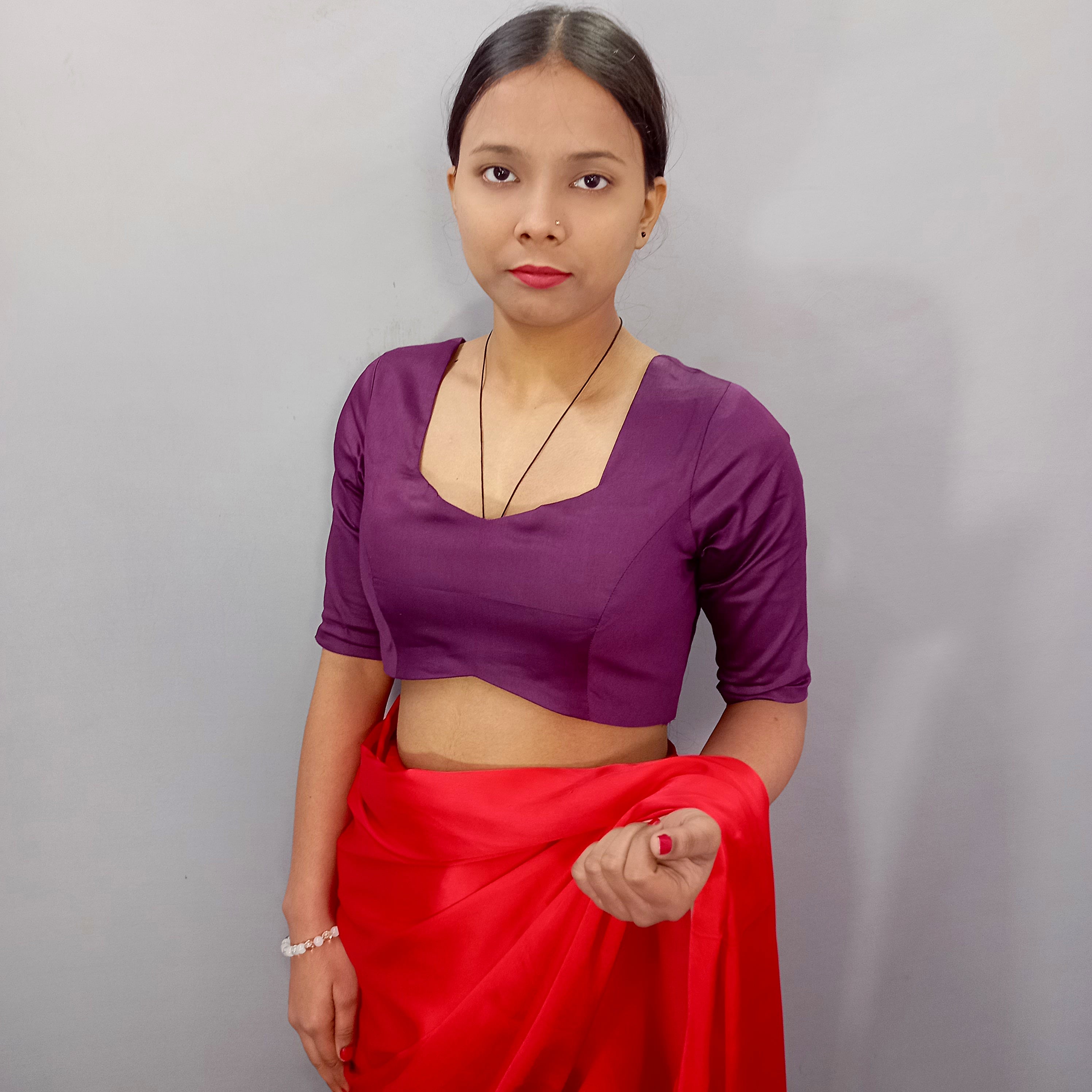 Square Neck Elbow Sleeves Saree Blouse in Purple