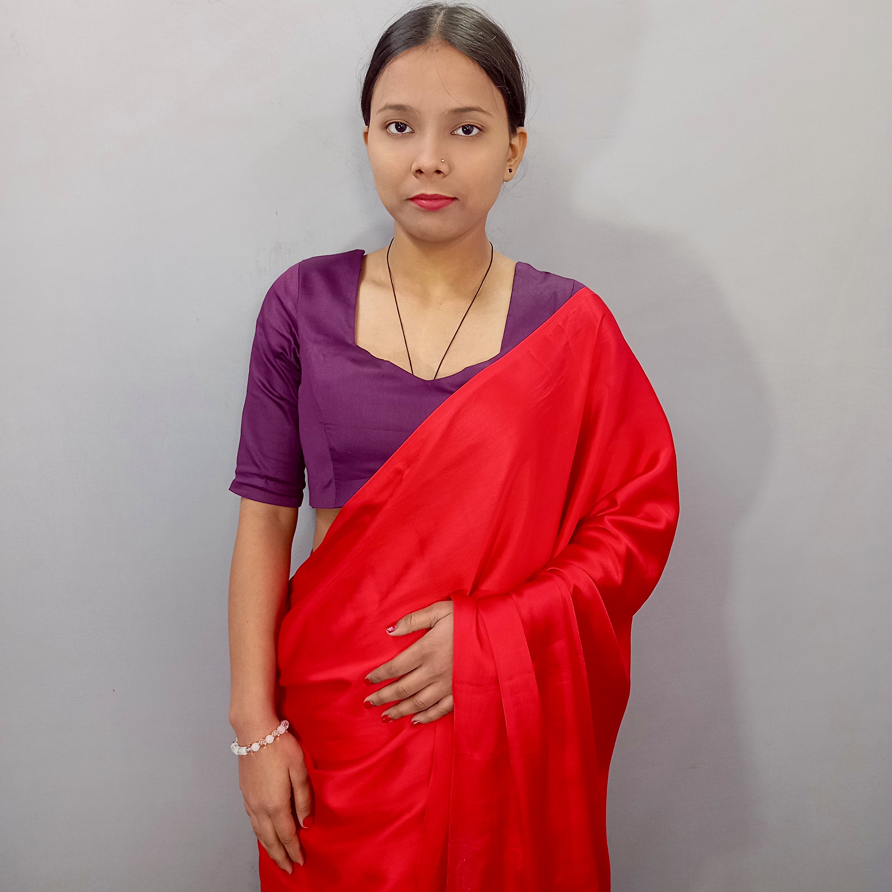 Square Neck Elbow Sleeves Saree Blouse in Purple