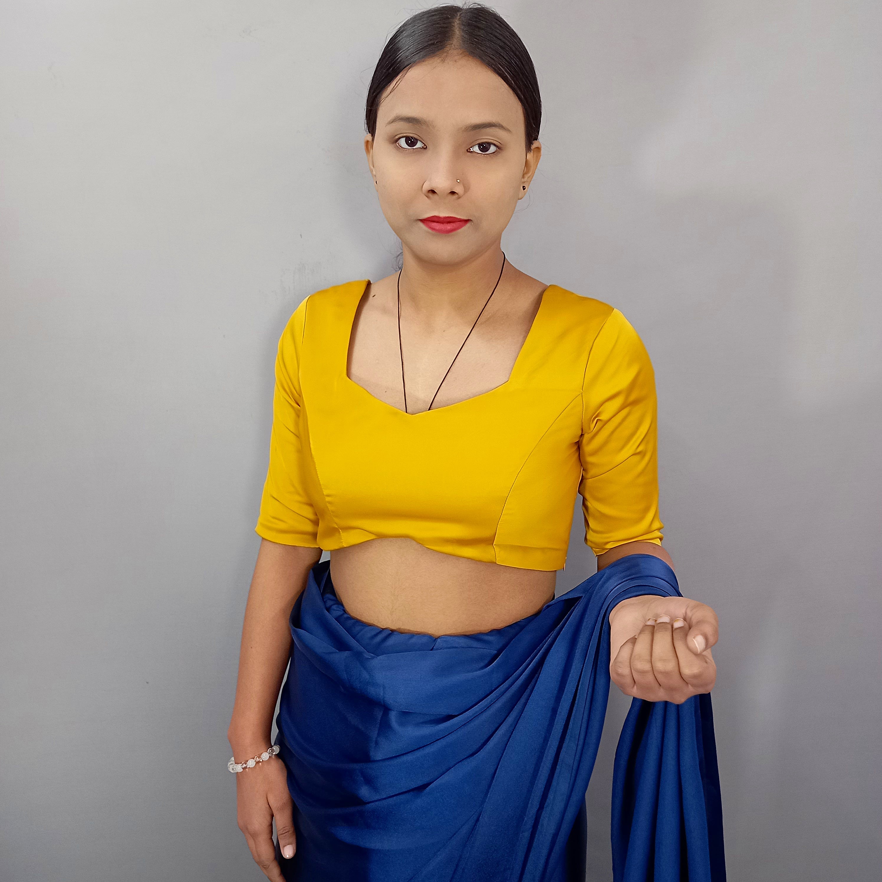 Square Neck Mustard Plain Silk Saree Blouse