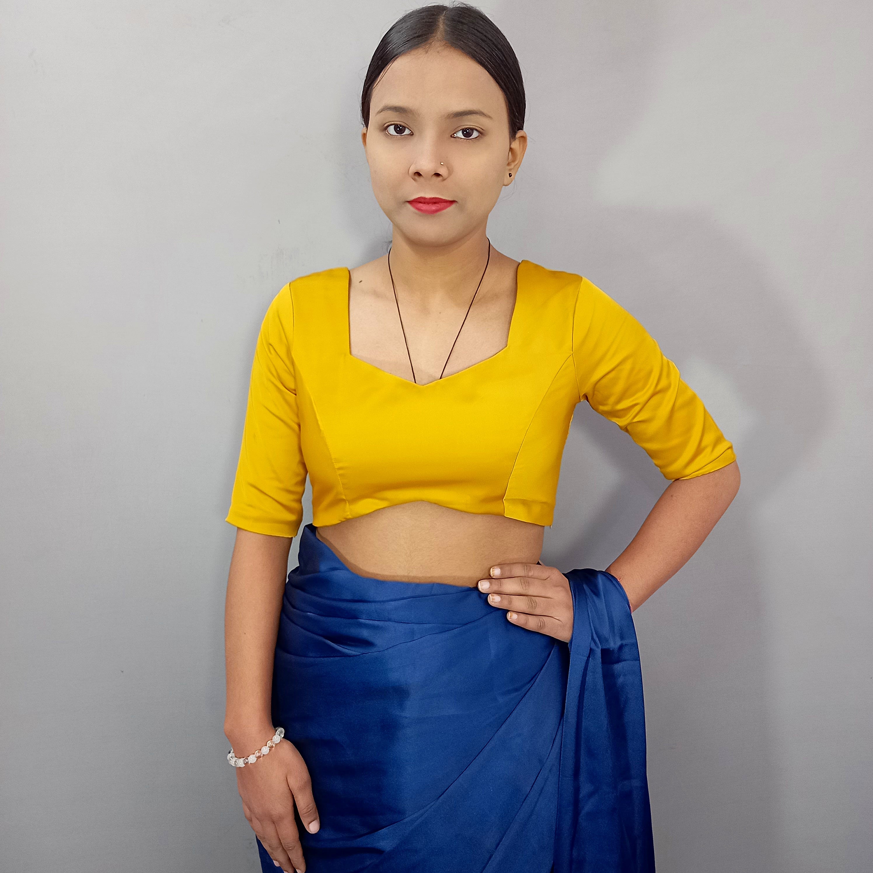 Square Neck Mustard Plain Silk Saree Blouse